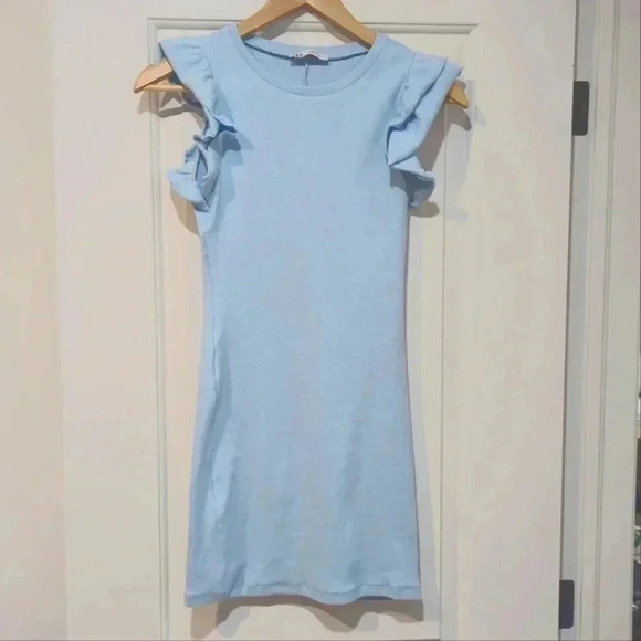 ZARA | Women's Light Blue Ruffled Sleeve Mini Dress Size Small - Picture 2 of 4